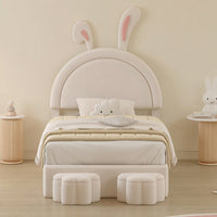 Twin Rabbit-Shaped Upholstered Bed With Storage Stools In White Velvet For Kids Room Decor