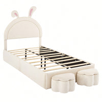 Twin Rabbit-Shaped Upholstered Bed With Storage Stools In White Velvet For Kids Room Decor