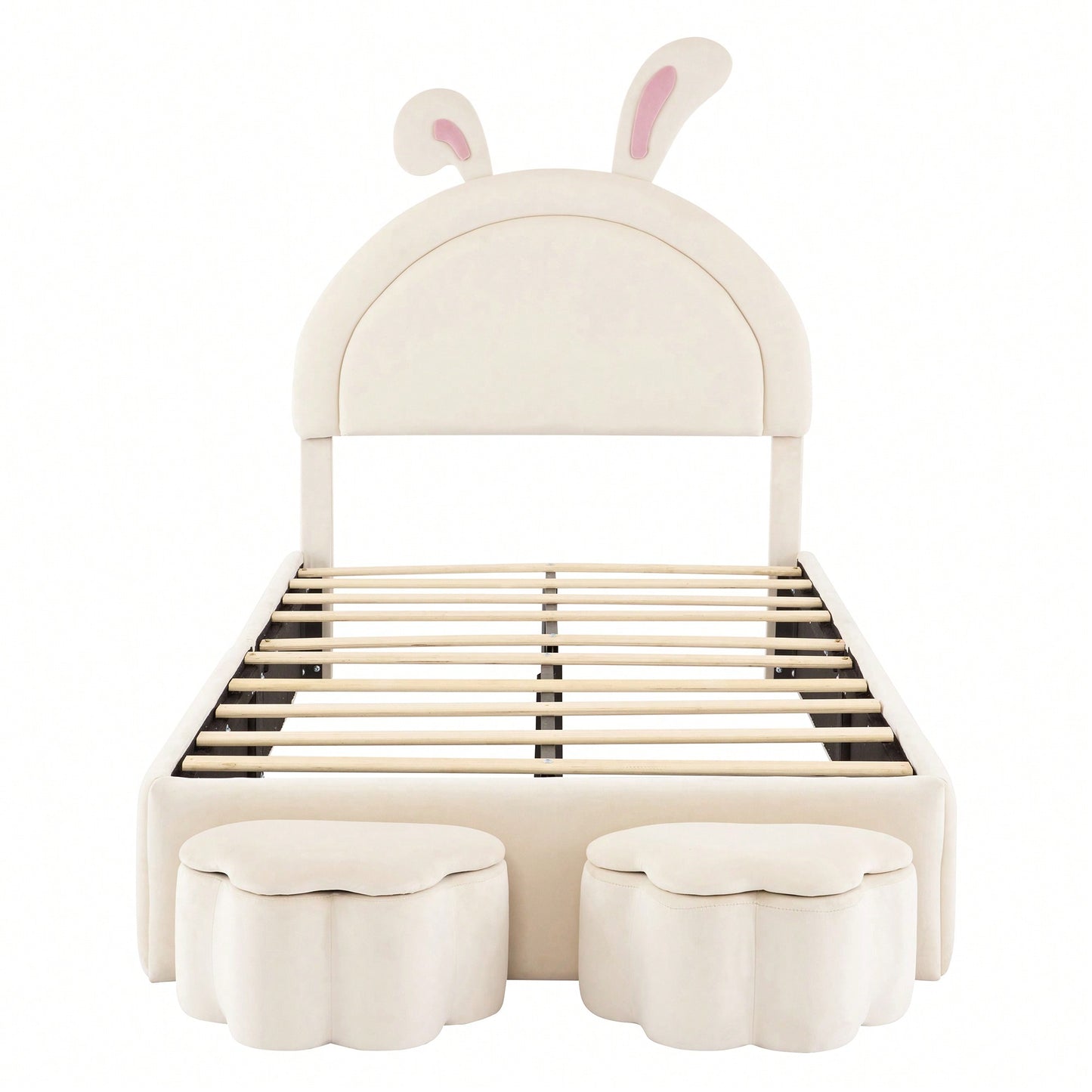 Twin Rabbit-Shaped Upholstered Bed With Storage Stools In White Velvet For Kids Room Decor