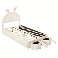 Twin Rabbit-Shaped Upholstered Bed With Storage Stools In White Velvet For Kids Room Decor