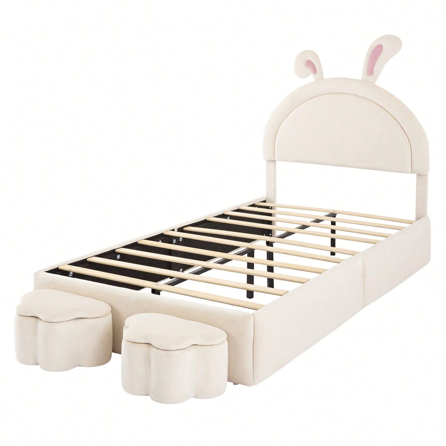 Twin Rabbit-Shaped Upholstered Bed With Storage Stools In White Velvet For Kids Room Decor