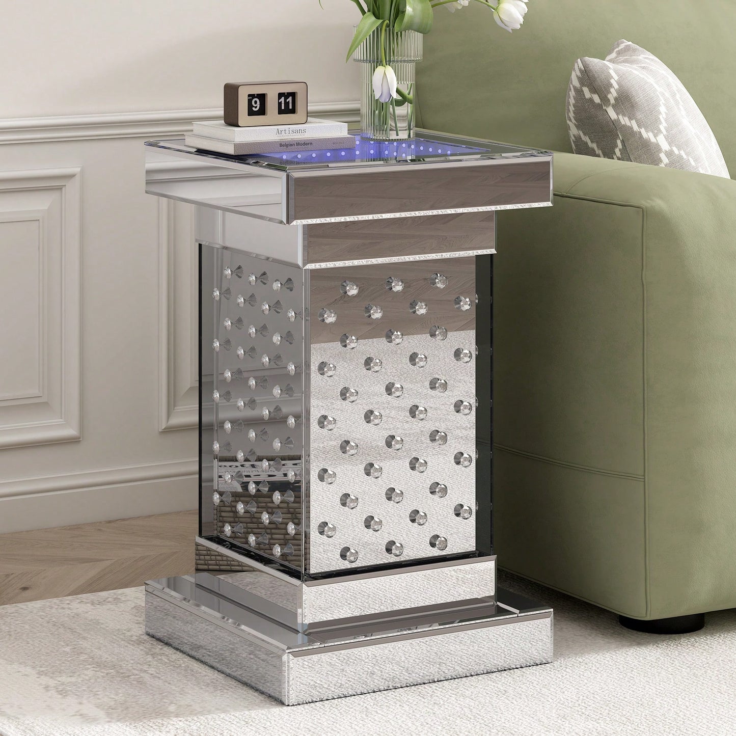 Modern 11.8 Inch Square Mirrored End Table With LED Lights And Crystal Inlay For Living Room Or Entryway