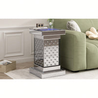 Modern 11.8 Inch Square Mirrored End Table With LED Lights And Crystal Inlay For Living Room Or Entryway