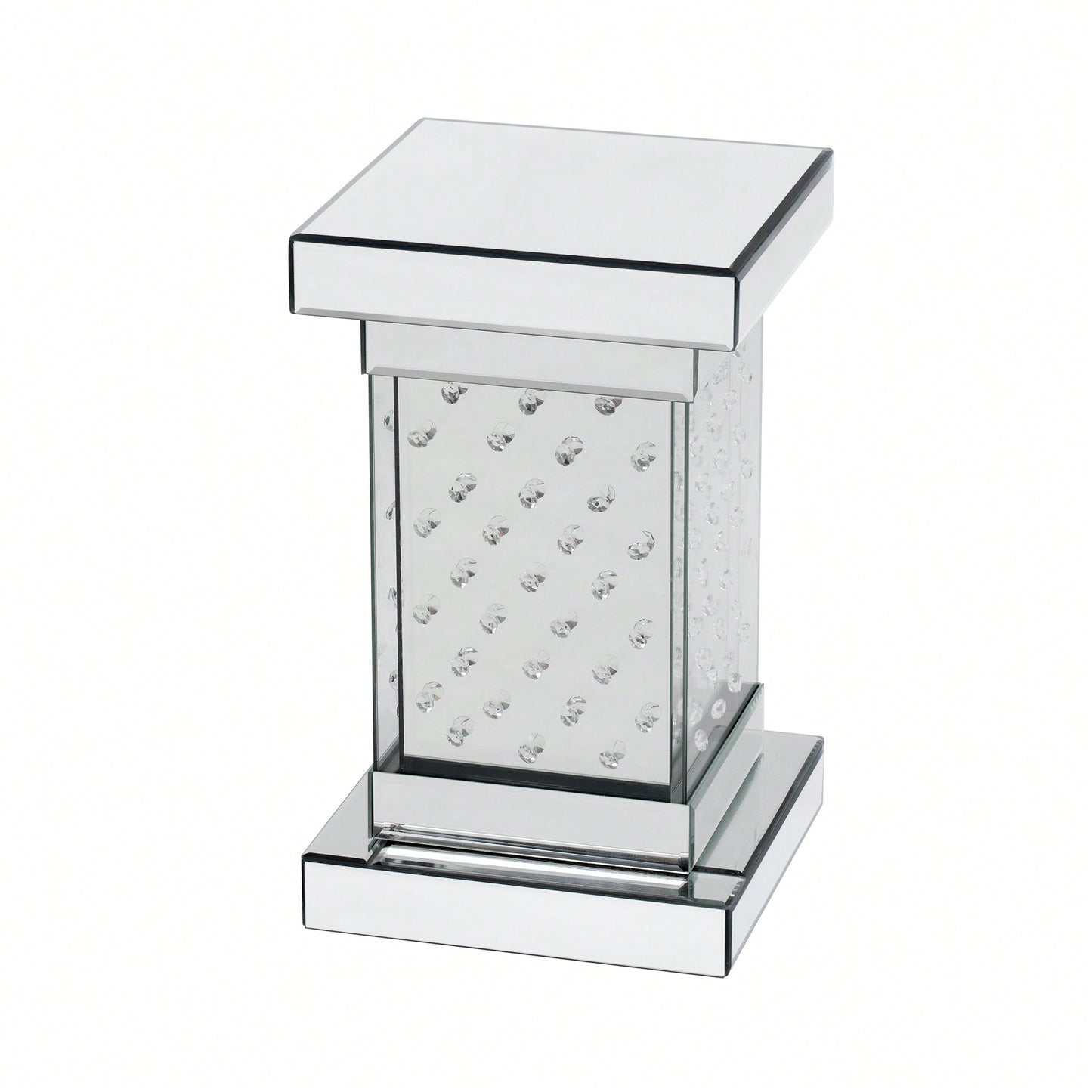 Modern 11.8 Inch Square Mirrored End Table With LED Lights And Crystal Inlay For Living Room Or Entryway