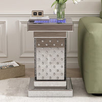 Modern 11.8 Inch Square Mirrored End Table With LED Lights And Crystal Inlay For Living Room Or Entryway