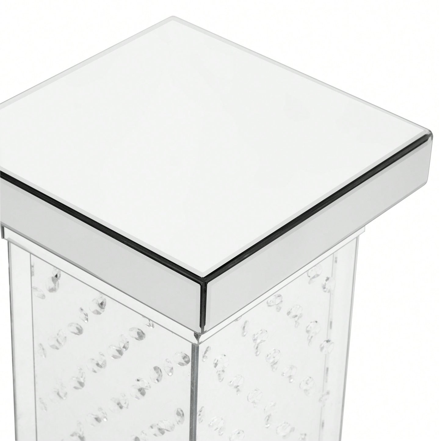 Modern 11.8 Inch Square Mirrored End Table With LED Lights And Crystal Inlay For Living Room Or Entryway