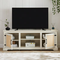 Farmhouse Rattan TV Stand Console Table For TVs Up To 70 Inches With Storage Shelves And Rattan Door Cabinets
