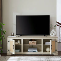 Farmhouse Rattan TV Stand Console Table For TVs Up To 70 Inches With Storage Shelves And Rattan Door Cabinets