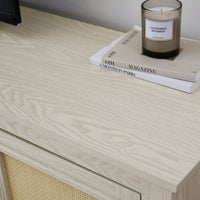 Farmhouse Rattan TV Stand Console Table For TVs Up To 70 Inches With Storage Shelves And Rattan Door Cabinets