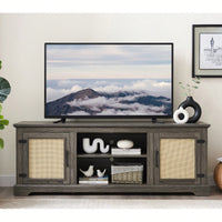 Farmhouse Rattan TV Stand Console Table For TVs Up To 70 Inches With Storage Shelves And Rattan Door Cabinets