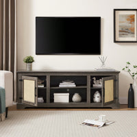 Farmhouse Rattan TV Stand Console Table For TVs Up To 70 Inches With Storage Shelves And Rattan Door Cabinets