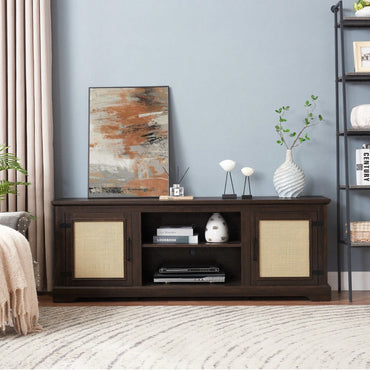 Farmhouse Rattan TV Stand Console Table For TVs Up To 70 Inches With Storage Shelves And Rattan Door Cabinets