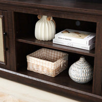 Farmhouse Rattan TV Stand Console Table For TVs Up To 70 Inches With Storage Shelves And Rattan Door Cabinets