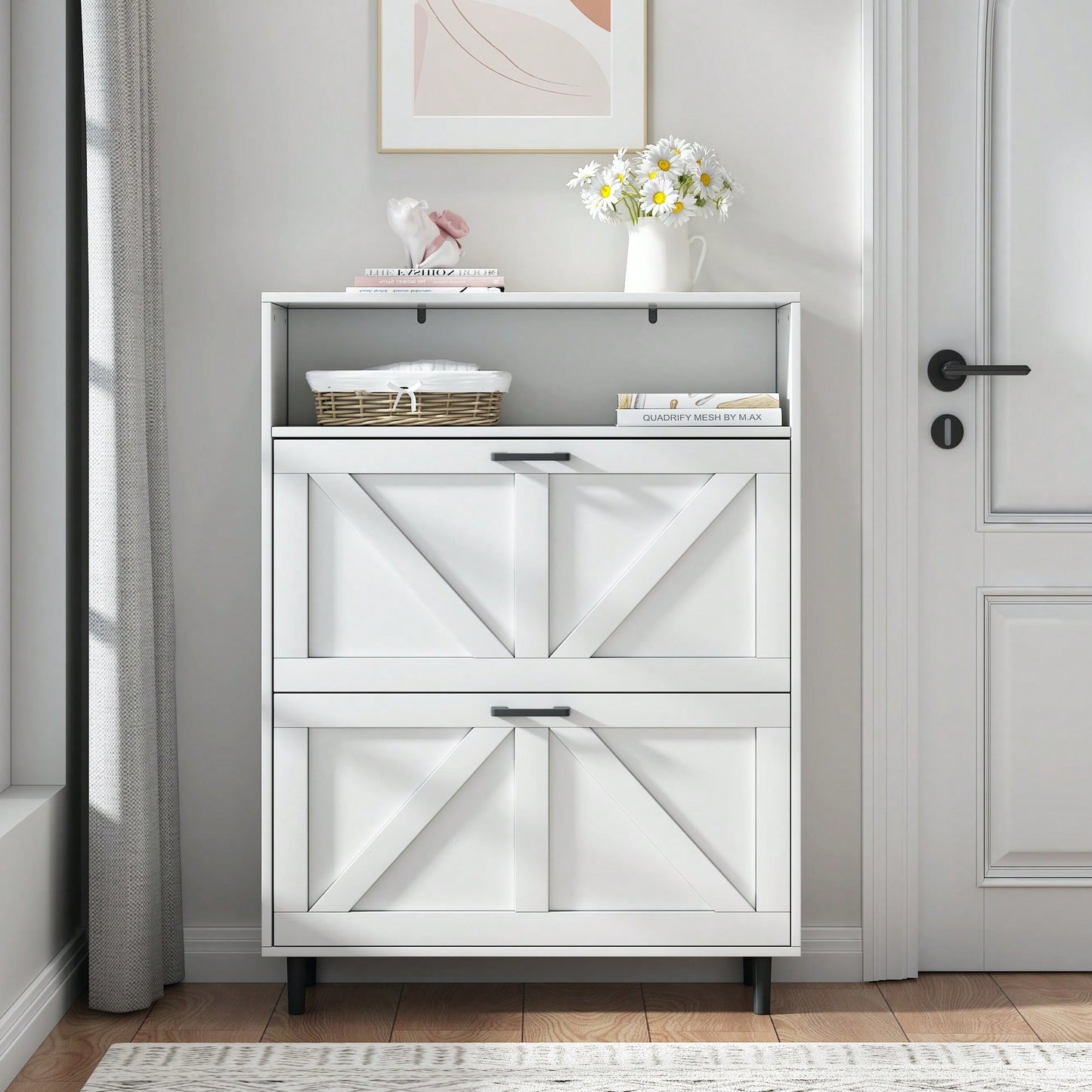 Farmhouse Shoe Storage Cabinet with Barn Door and 2 Flip Drawers for Entryway Antique White Finish