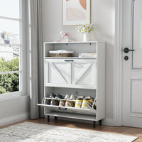 Farmhouse Shoe Storage Cabinet with Barn Door and 2 Flip Drawers for Entryway Antique White Finish