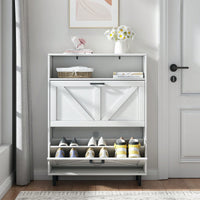 Farmhouse Shoe Storage Cabinet with Barn Door and 2 Flip Drawers for Entryway Antique White Finish