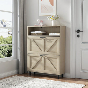 Farmhouse Shoe Storage Cabinet with Barn Door and 2 Flip Drawers for Entryway Antique White Finish