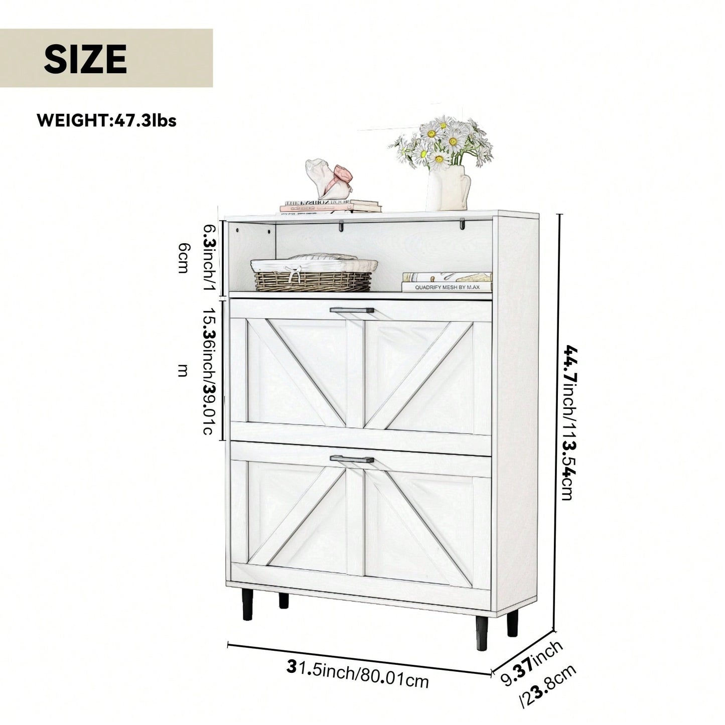 Farmhouse Shoe Storage Cabinet with Barn Door and 2 Flip Drawers for Entryway Antique White Finish