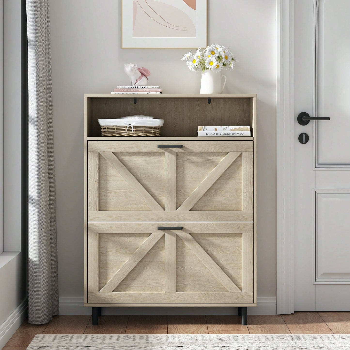 Farmhouse Shoe Storage Cabinet with Barn Door and 2 Flip Drawers for Entryway Antique White Finish