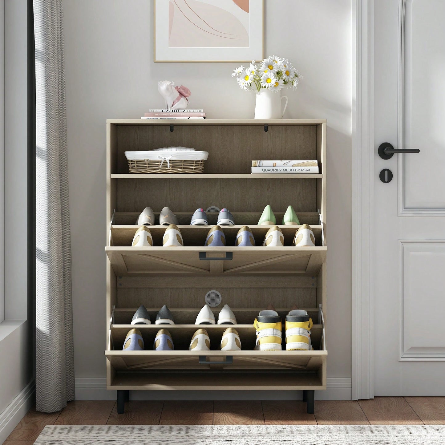 Farmhouse Shoe Storage Cabinet with Barn Door and 2 Flip Drawers for Entryway Antique White Finish