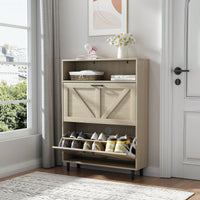 Farmhouse Shoe Storage Cabinet with Barn Door and 2 Flip Drawers for Entryway Antique White Finish