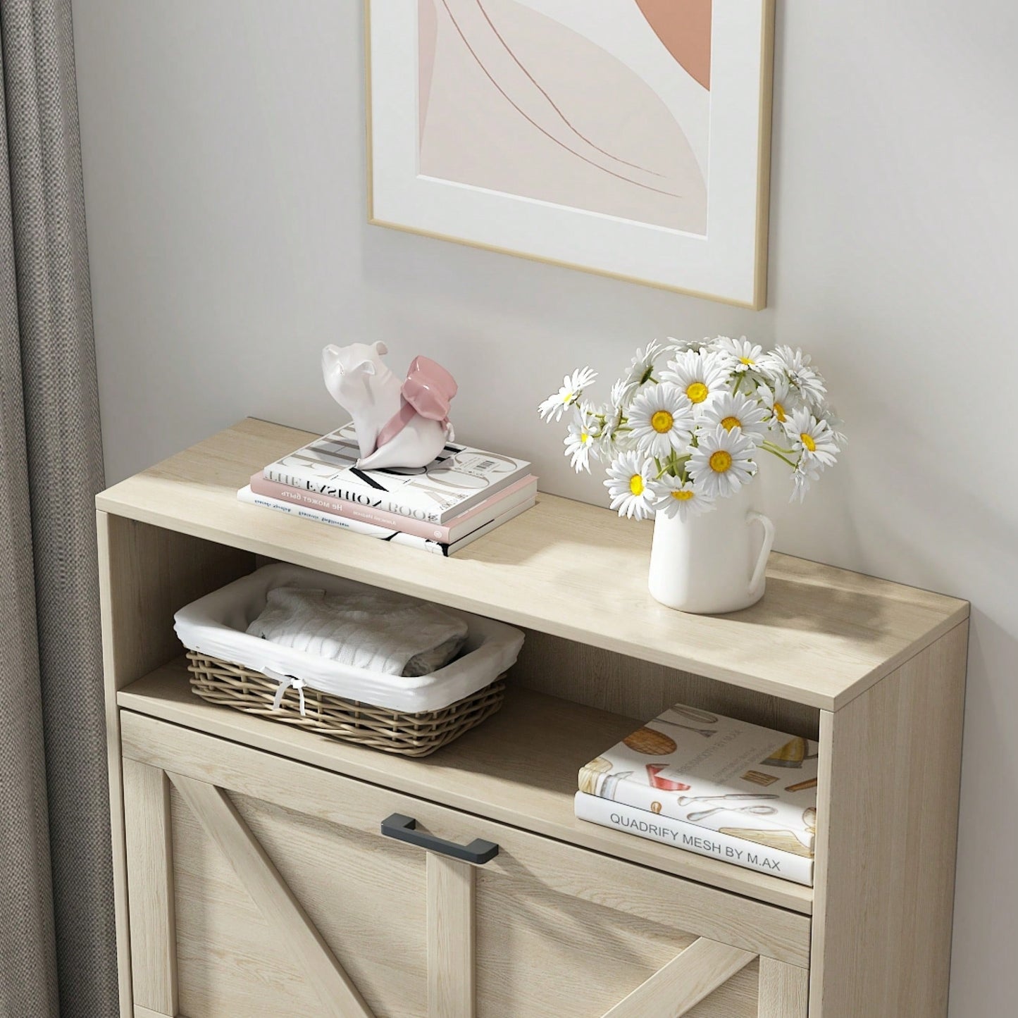 Farmhouse Shoe Storage Cabinet with Barn Door and 2 Flip Drawers for Entryway Antique White Finish