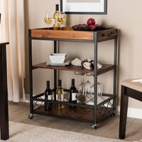 Industrial Style Rolling Kitchen Island Wine Cart With Fir Wood Shelves And Metal Frame, Movable Top, Goblet Holder, Easy Assembly