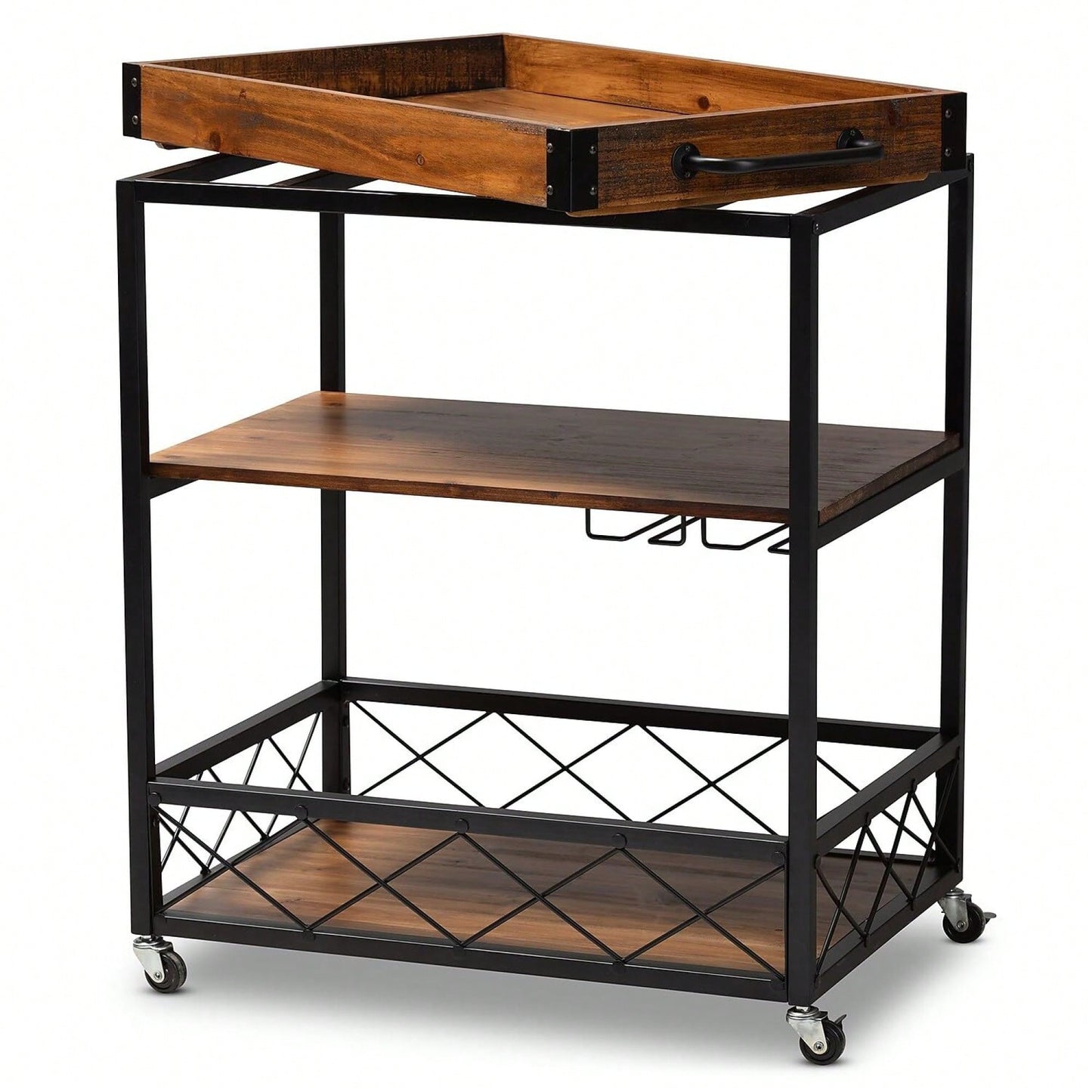 Industrial Style Rolling Kitchen Island Wine Cart With Fir Wood Shelves And Metal Frame, Movable Top, Goblet Holder, Easy Assembly