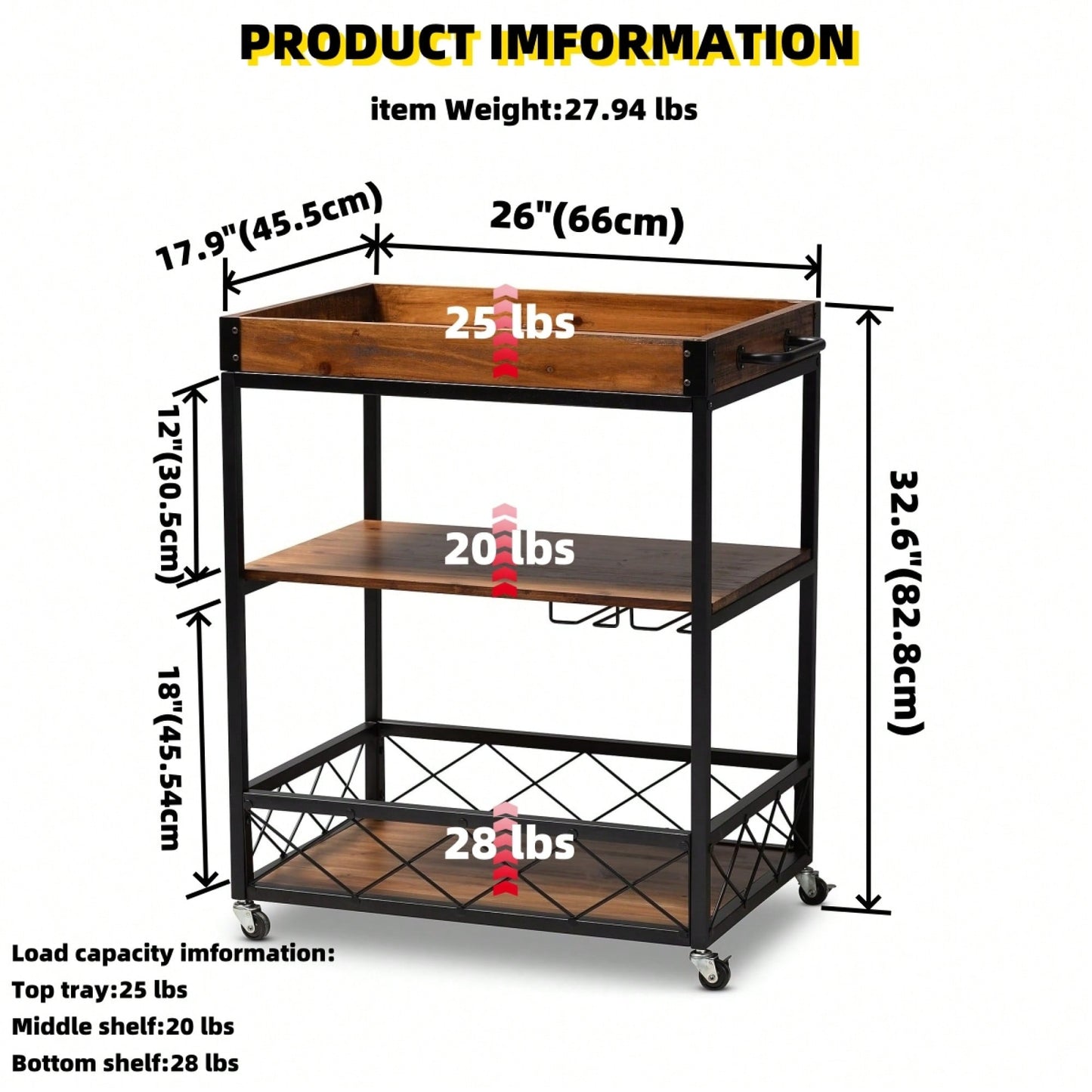 Industrial Style Rolling Kitchen Island Wine Cart With Fir Wood Shelves And Metal Frame, Movable Top, Goblet Holder, Easy Assembly