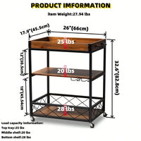 Industrial Style Rolling Kitchen Island Wine Cart With Fir Wood Shelves And Metal Frame, Movable Top, Goblet Holder, Easy Assembly