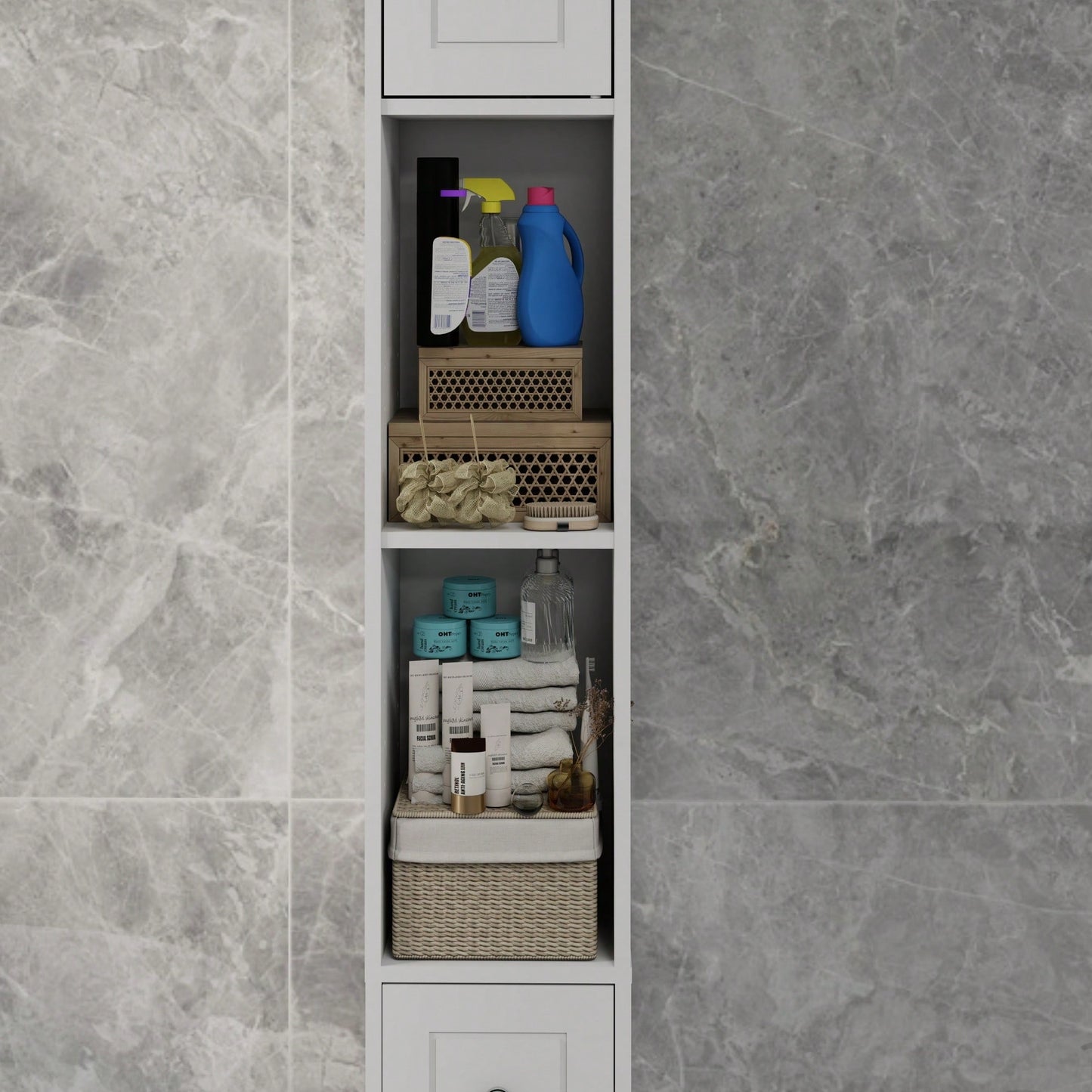 Tall Slim Freestanding Bathroom Storage Cabinet With Drawer, Doors And Adjustable Shelves, Modern White Design For Small Spaces