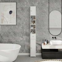 Tall Slim Freestanding Bathroom Storage Cabinet With Drawer, Doors And Adjustable Shelves, Modern White Design For Small Spaces