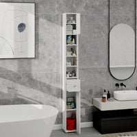 Tall Slim Freestanding Bathroom Storage Cabinet With Drawer, Doors And Adjustable Shelves, Modern White Design For Small Spaces