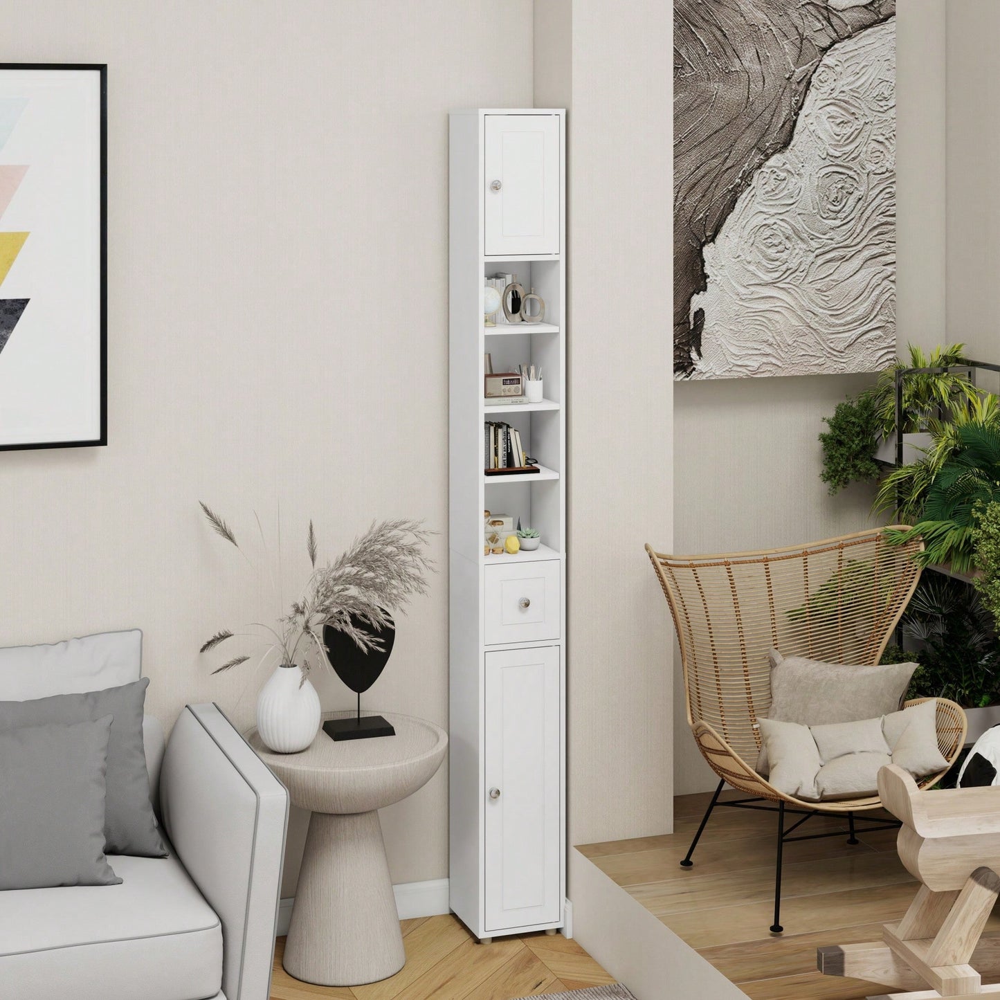 Tall Slim Freestanding Bathroom Storage Cabinet With Drawer, Doors And Adjustable Shelves, Modern White Design For Small Spaces