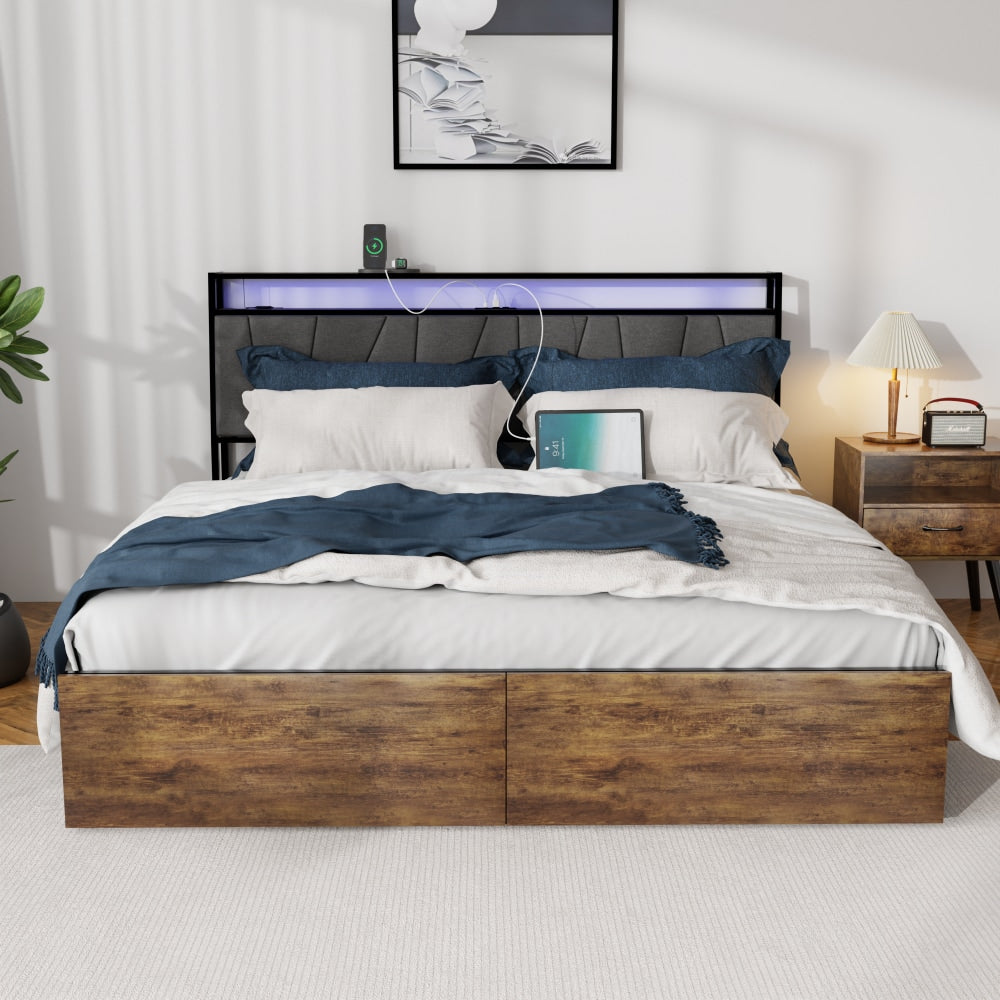 Full Size Bed Frame With Storage Drawers Ergonomic Headboard Built-In Charging Station LED Lights USB Outlets Noise Free Rustic Brown