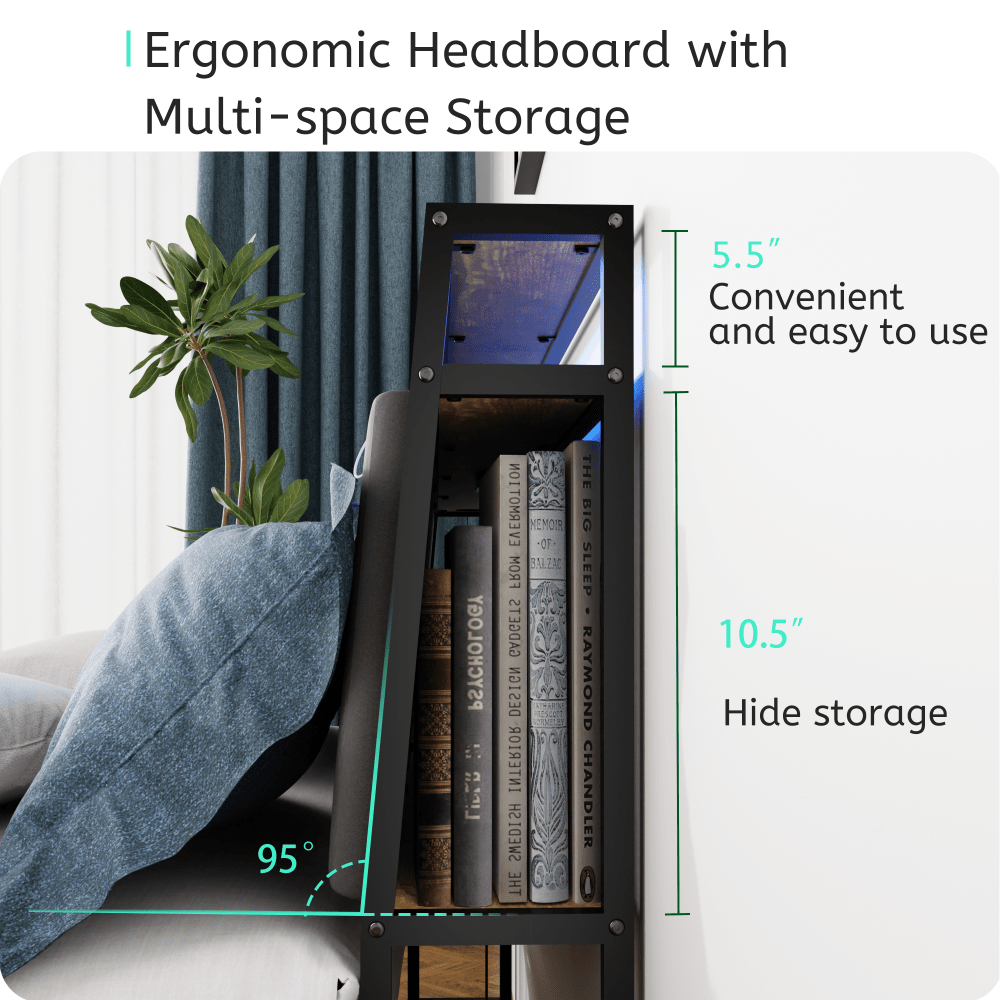 Full Size Bed Frame With Storage Drawers Ergonomic Headboard Built-In Charging Station LED Lights USB Outlets Noise Free Rustic Brown