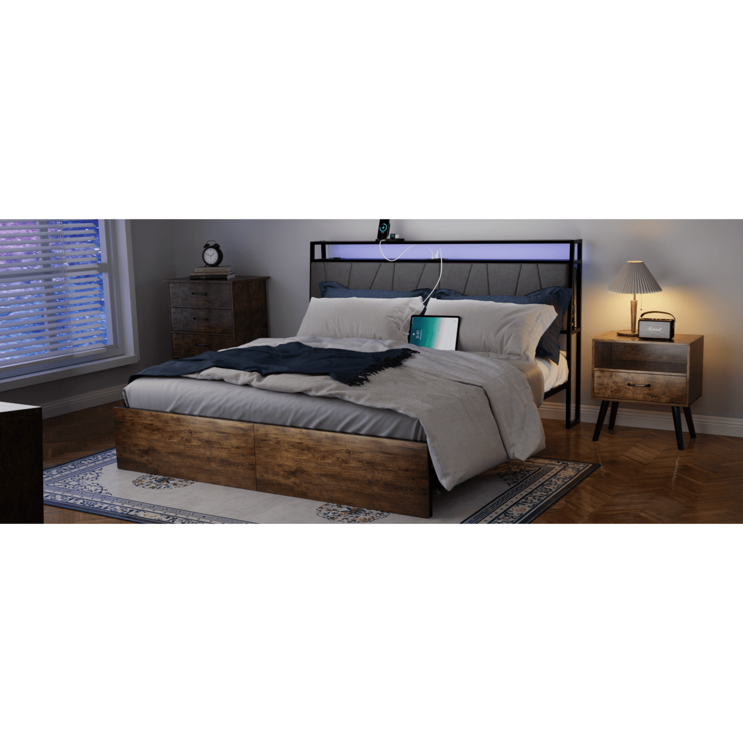 Full Size Bed Frame With Storage Drawers Ergonomic Headboard Built-In Charging Station LED Lights USB Outlets Noise Free Rustic Brown