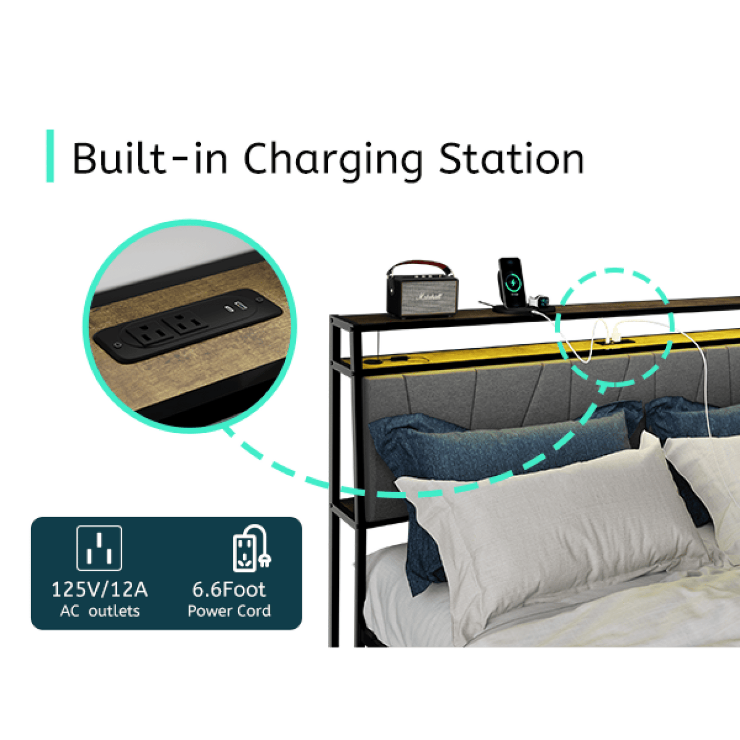 Full Size Bed Frame With Storage Drawers Ergonomic Headboard Built-In Charging Station LED Lights USB Outlets Noise Free Rustic Brown