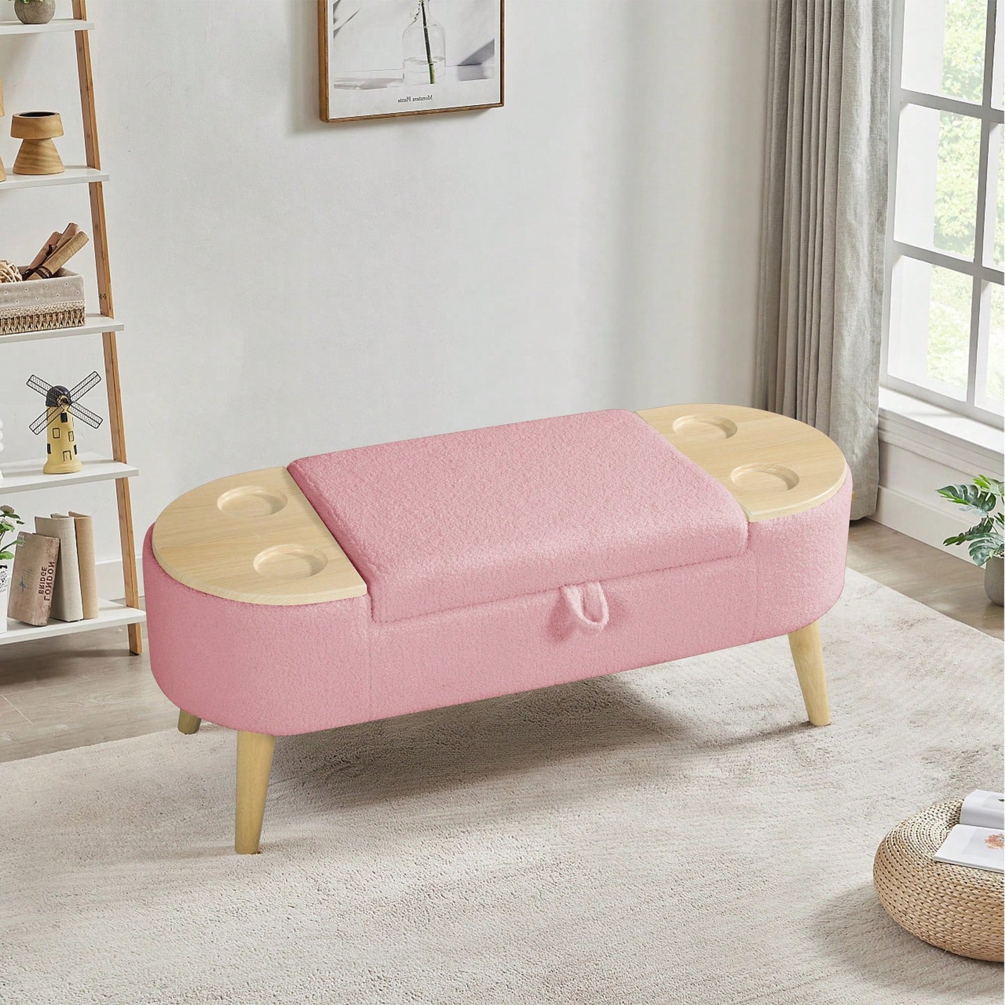 Vintage Oval Storage Bench With 3D Pile Fabric Soft Foam Cushion For Living Room Entryway Bedroom