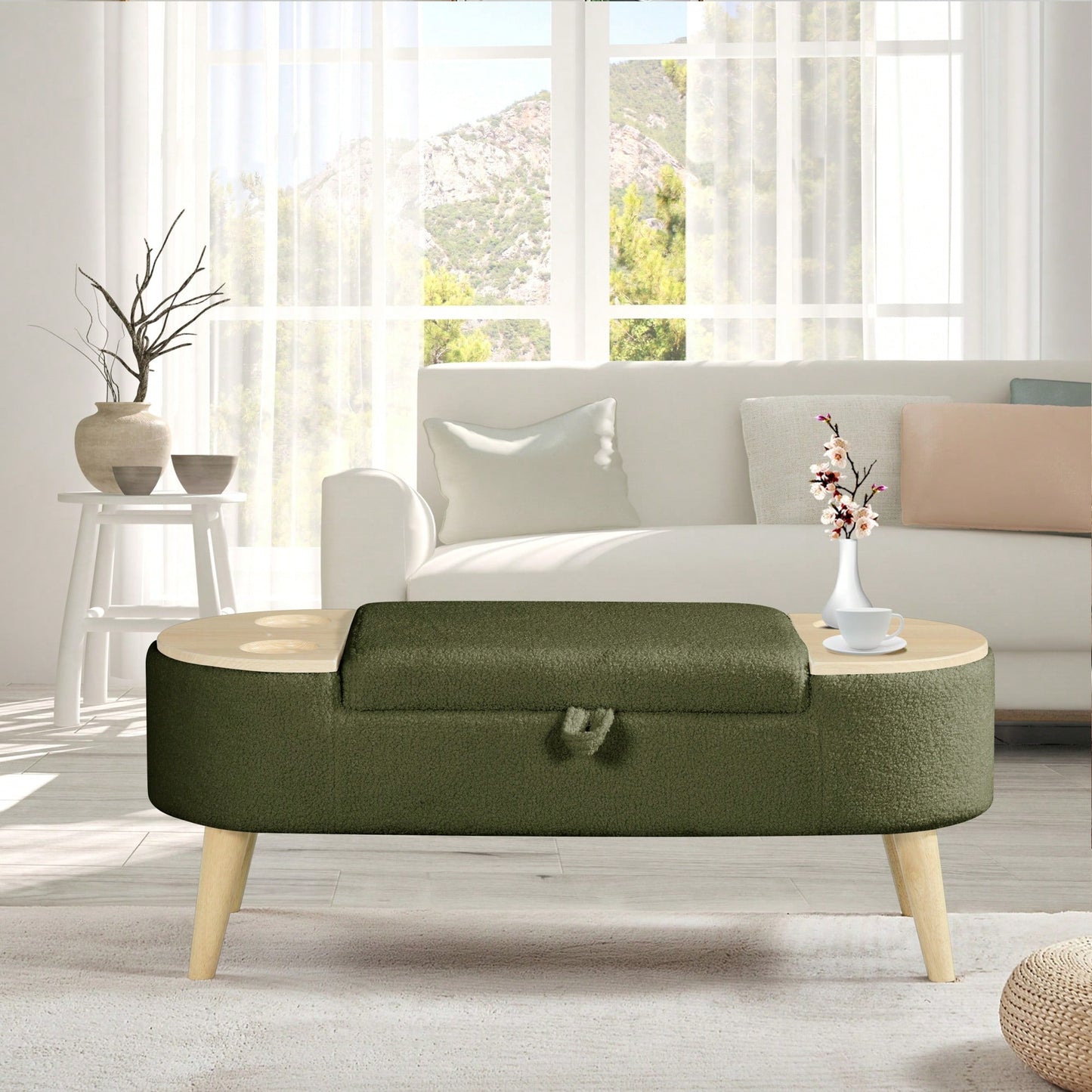 Vintage Oval Storage Bench With 3D Pile Fabric Soft Foam Cushion For Living Room Entryway Bedroom