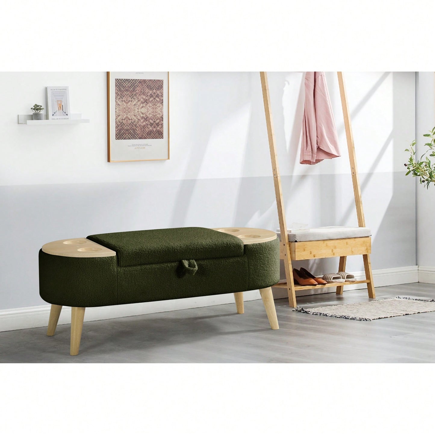 Vintage Oval Storage Bench With 3D Pile Fabric Soft Foam Cushion For Living Room Entryway Bedroom