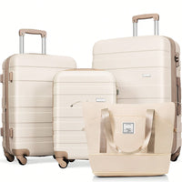 4 Piece Expandable ABS Luggage Set With Travel Bag, Lightweight Durable Suitcases With 360° Spinner Wheels In Ivory And Golden