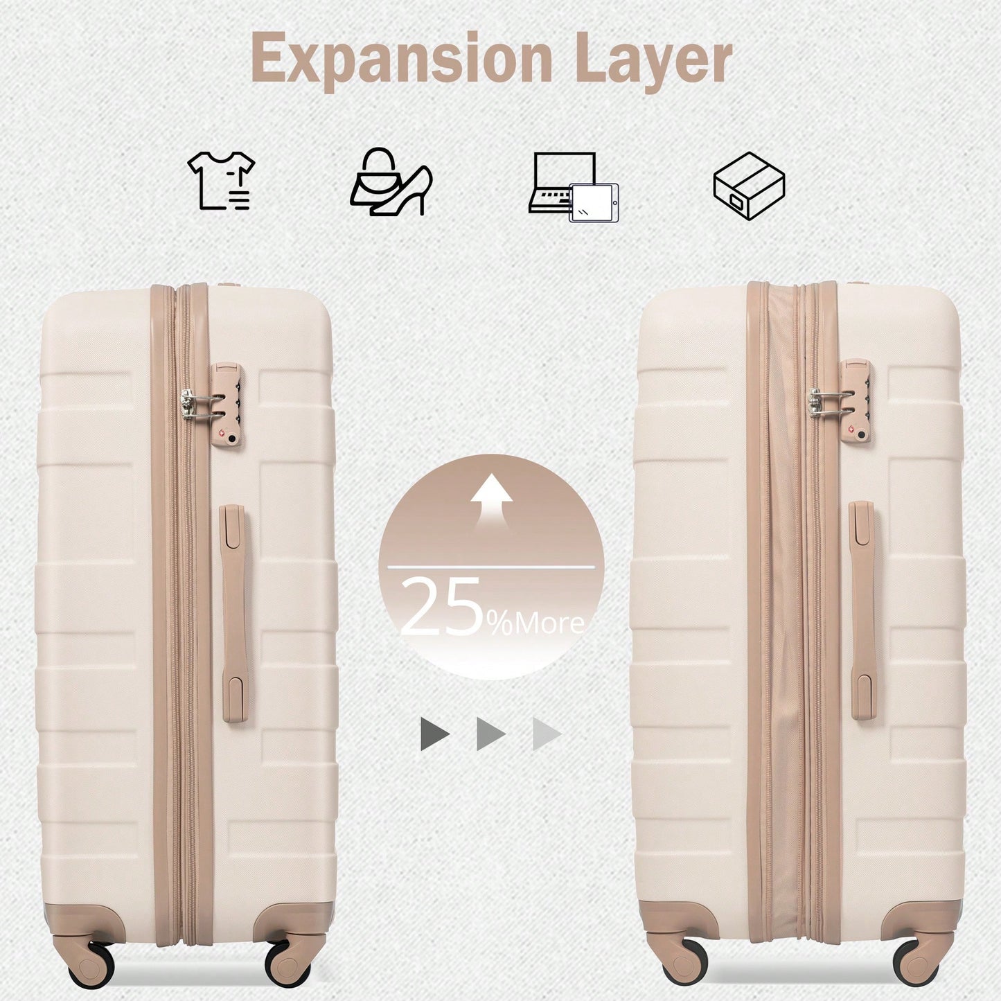 4 Piece Expandable ABS Luggage Set With Travel Bag, Lightweight Durable Suitcases With 360° Spinner Wheels In Ivory And Golden