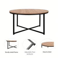 Modern Round Metal And Wood Coffee Table For Living Room With Adjustable Floor Protectors And Easy Clean Surface
