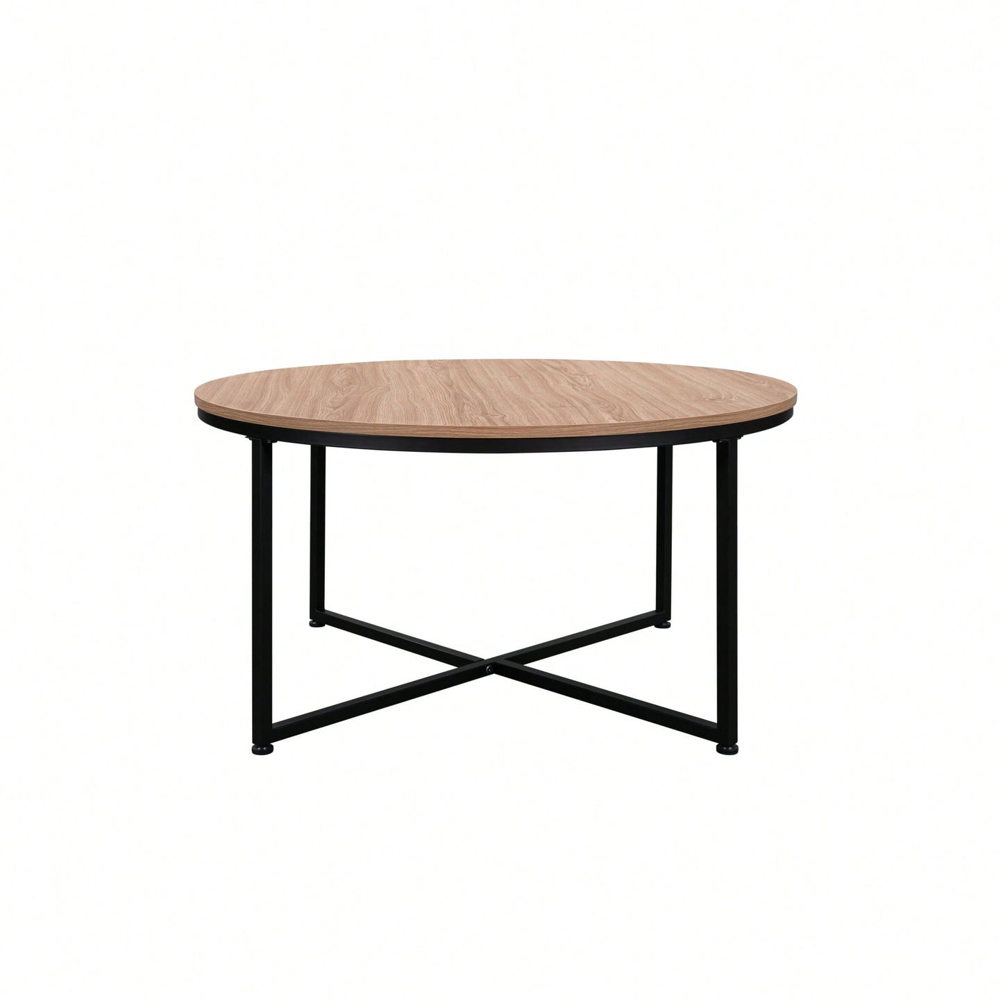 Modern Round Metal And Wood Coffee Table For Living Room With Adjustable Floor Protectors And Easy Clean Surface