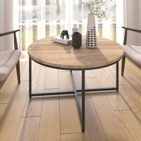 Modern Round Metal And Wood Coffee Table For Living Room With Adjustable Floor Protectors And Easy Clean Surface