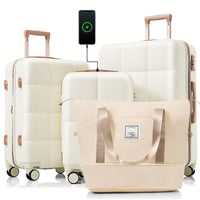 4 Piece Expandable Luggage Set With USB Port 20 Inch Carry On Durable ABS Hard Shell Suitcase Spinner Wheels Travel Bag And Cup Holder