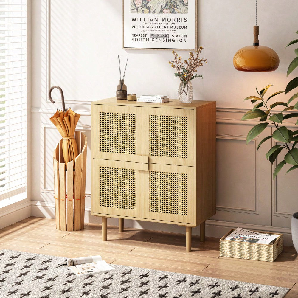 Rattan Mesh 4-Door Storage Cabinet Sideboard With 8 Shelves For Entryway Living Room And Hallway