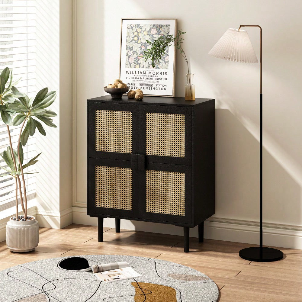 Rattan Mesh 4-Door Storage Cabinet Sideboard With 8 Shelves For Entryway Living Room And Hallway