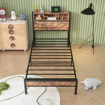 Twin Metal Platform Bed Frame With Storage Headboard And Charging Station, Easy Assembly, No Box Spring Needed, Industrial Retro Style